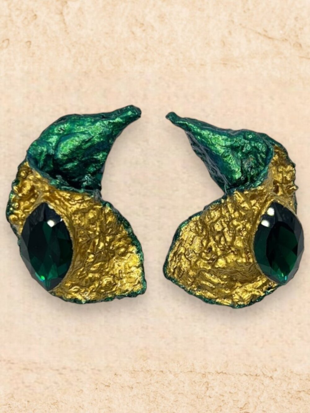 Handmade Papier-Mâché Gold Leaf Green Statement Earrings, Mermaid